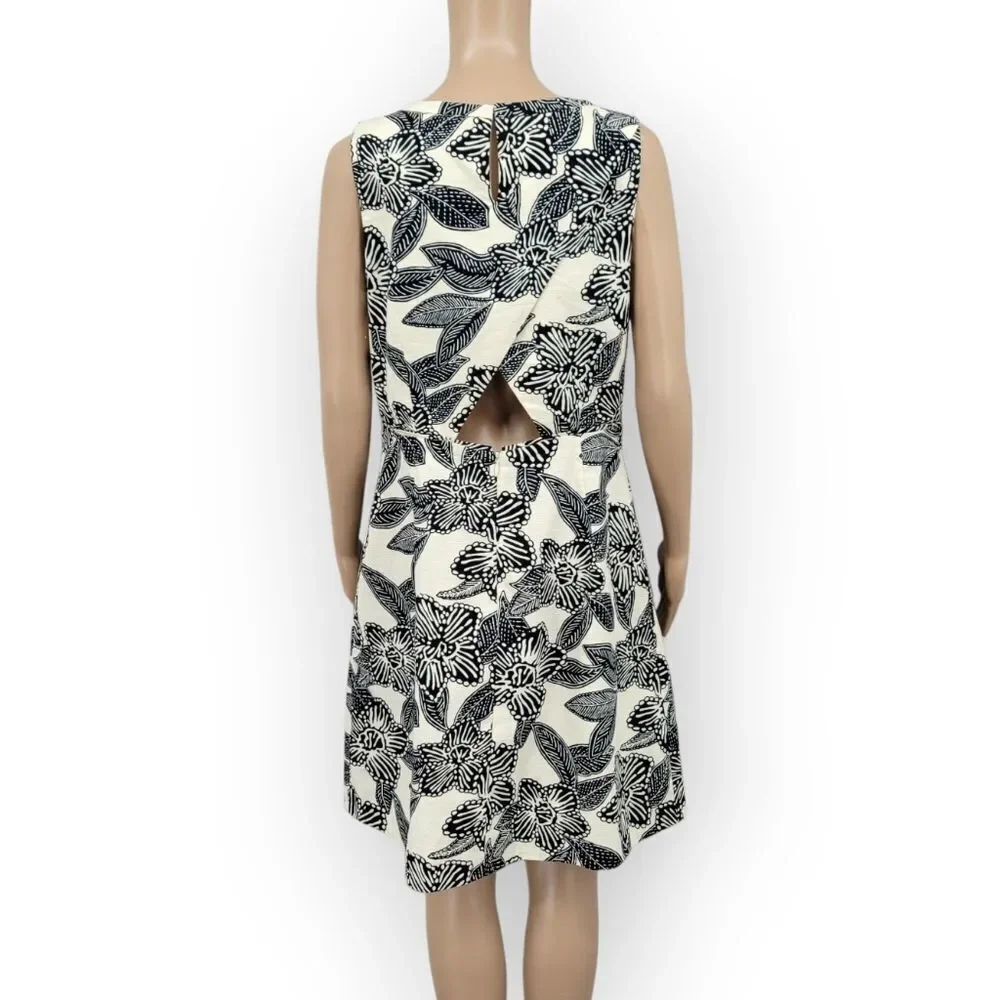 J Crew Women Sleeveless Polynesian Floral Print Dress Ivory Black A-Line Cotton